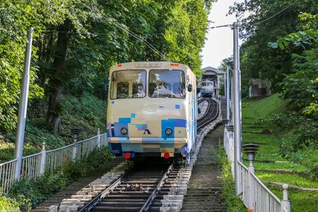 KIEV, UKRAINE - JULY 12, 2018: Kiev Funicular connecting the historic Uppertown to lower...