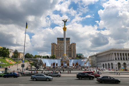 KIEV, UKRAINE - JULY 12, 2018: General view of Independence Square in Kiev where is the capital city of Ukraineのeditorial素材