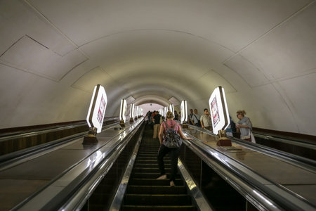 KIEV, UKRAINE - JULY 13, 2018: Arsenalna Metro Station where is the deepest station in the Worldのeditorial素材