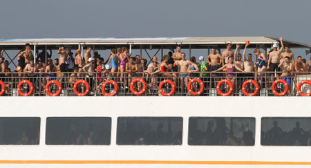 ISTANBUL, TURKEY - JULY 22, 2018: Swimmers going to the start point with ferry during Samsung Bosphorus Cross Continental Swimming Competition in Bosphorus Strait.のeditorial素材