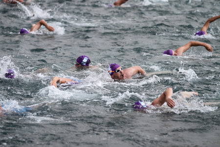 ISTANBUL, TURKEY - JULY 22, 2018: Swimmers swim during Samsung Bosphorus Cross Continental Swimming...