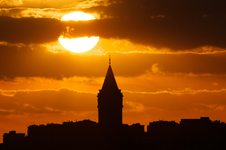 Galata Tower at Sunset in Istanbul City, Turkeyの写真素材