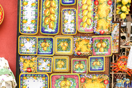 POSITANO, ITALY - AUGUST 23, 2018: Positano style traditional colorful ceramicsのeditorial素材