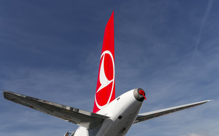 ISTANBUL, TURKEY - SEPTEMBER 23, 2018: Tailplane of Turkish Airlines Airplane. THY is the flag carrier of Turkey with 338 fleet size and 300 destinationsのeditorial素材