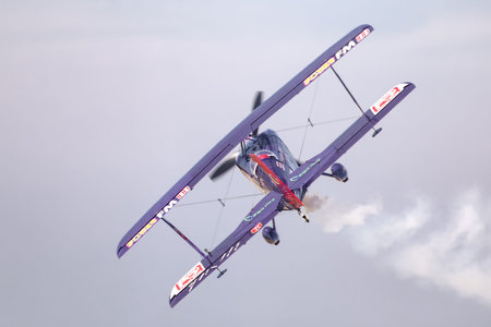 ISTANBUL, TURKEY - SEPTEMBER 23, 2018: Turkish aerobatic pilot Ali Ismet Ozturk performs air...