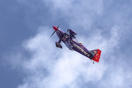 ISTANBUL, TURKEY - SEPTEMBER 23, 2018: Turkish aerobatic pilot Ali Ismet Ozturk performs air aerobatics show during Teknofest Istanbul Aeronautics, Space and Technology Festivalのeditorial素材