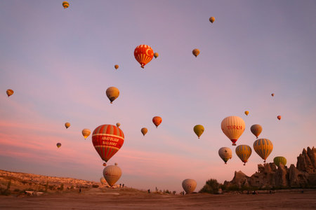 NEVSEHIR, TURKEY - SEPTEMBER 28, 2018: Hot Air Balloons over Cappadocia Valleys