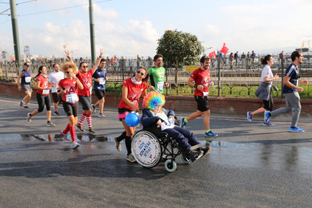 ISTANBUL, TURKEY - NOVEMBER 11, 2018: Athletes running in 40. Istanbul marathon which includes two continents in one race. Marathon starts on the Asian side and finishs in European side of Istanbul.のeditorial素材