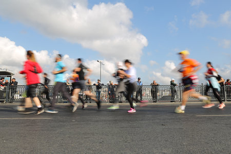 ISTANBUL, TURKEY - NOVEMBER 11, 2018: Athletes running in 40. Istanbul marathon which includes two continents in one race. Marathon starts on the Asian side and finishs in European side of Istanbul.のeditorial素材