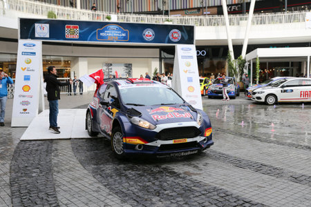 KOCAELI, TURKEY - NOVEMBER 17, 2018: Yagiz Avci with Ford Fiesta R5 of Ford Motorsport Turkey Team in ceremonial start of Kocaeli Rallyのeditorial素材