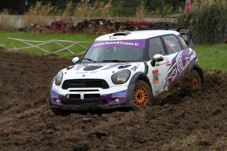 ISTANBUL, TURKEY - DECEMBER 16, 2018: Halim Ates drives Mini JCW WRC during final race of Turkish Rallycross Championship in Izmit Korfez Circuitのeditorial素材