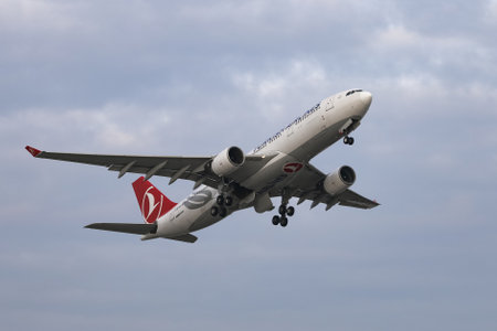 ISTANBUL, TURKEY - DECEMBER 23, 2018: Turkish Airlines Airbus A330-303 (CN 977) takes off from Istanbul Ataturk Airport. THY is the flag carrier of Turkey with 330 fleet size and 304 destinationsのeditorial素材