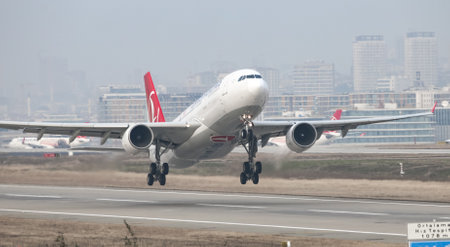 ISTANBUL, TURKEY - DECEMBER 23, 2018: Turkish Airlines Airbus A330-303 (CN 977) takes off from Istanbul Ataturk Airport. THY is the flag carrier of Turkey with 330 fleet size and 304 destinationsのeditorial素材