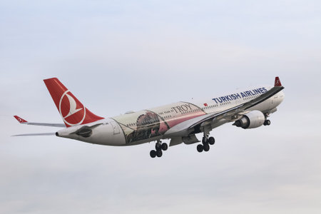 ISTANBUL, TURKEY - DECEMBER 23, 2018: Turkish Airlines Airbus A330-303 (CN 1620) takes off from Istanbul Ataturk Airport. THY is the flag carrier of Turkey with 330 fleet size and 304 destinationsのeditorial素材