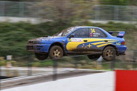 ISTANBUL, TURKEY - DECEMBER 16, 2018: Yavuzhan Cabbaroglu drives Subaru Impreza WRX during final race of Turkish Rallycross Championship in Izmit Korfez Circuitのeditorial素材