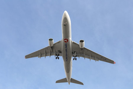 ISTANBUL, TURKEY - FEBRUARY 03, 2019: Turkish Airlines Airbus A330-223 (CN 1221) landing to Istanbul Ataturk Airport. THY is the flag carrier of Turkey with 330 fleet size and 304 destinationsのeditorial素材