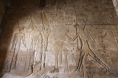 Egyptian hieroglyphs in Mortuary Temple of Seti I, Luxor City, Egypt