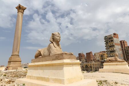 Pompey Pillar and Sphinx in Alexandria City, Egyptの写真素材
