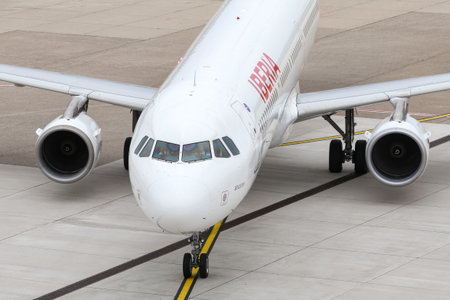 DUSSELDORF, GERMANY - MAY 26, 2019: Iberia Airbus A321-212 (CN 1021) taxi in Dusseldorf Airport.