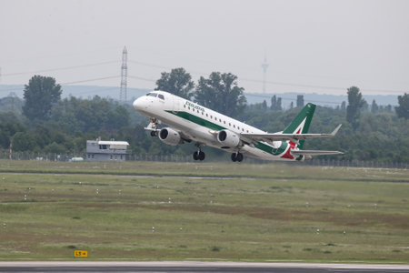 DUSSELDORF, GERMANY - MAY 26, 2019: Alitalia CityLiner Airlines Embraer 175STD (CN 345) takes off from Dusseldorf Airport.のeditorial素材