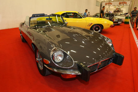 ISTANBUL, TURKEY - JUNE 29, 2019: Jaguar E-Type display at Istanbul Classic Automobile Festivalのeditorial素材