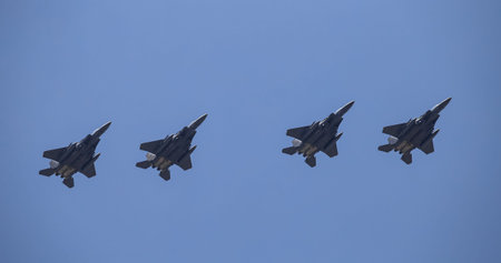 KONYA, TURKEY - JUNE 26, 2019: US Air Force Boeing F-15E Strike Eagles flying in Konya Airport...