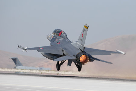 KONYA, TURKEY - JUNE 26, 2019: Turkish Air Force General Dynamics F-16D Fighting Falcon (CN HD-16) takes off from Konya Airport during Anatolian Eagle Air Force Exerciseのeditorial素材