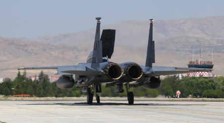 KONYA, TURKEY - JUNE 26, 2019: US Air Force Boeing F-15E Strike Eagle (CN 1368/E229) taxi in Konya Airport during Anatolian Eagle Air Force Exerciseのeditorial素材