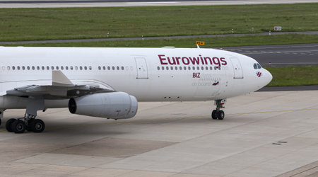 DUSSELDORF, GERMANY - MAY 26, 2019: Eurowings Airbus A340-313X (CN 335) taxi in Dusseldorf Airport.のeditorial素材