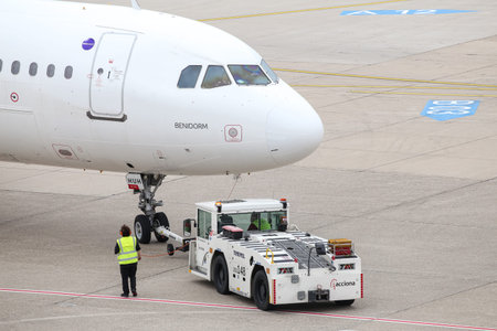 DUSSELDORF, GERMANY - MAY 26, 2019: Iberia Airbus A321-212 (CN 1021) push back in Dusseldorf...
