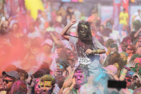 ISTANBUL, TURKEY - SEPTEMBER 08, 2019: People have fun in colors during Color Sky 5K run in Istanbul