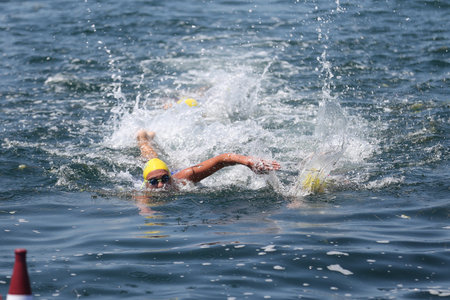 ISTANBUL, TURKEY - AUGUST 03, 2019: Undefined athlete competing in swimming component of Istanbul ETU Triathlon Balkan Championshipsのeditorial素材