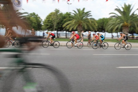 ISTANBUL, TURKEY - AUGUST 04, 2019: Athletes competing in cycling component of Istanbul ETU Triathlon Balkan Championshipsのeditorial素材