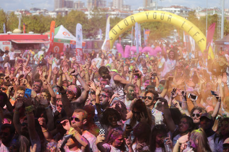 ISTANBUL, TURKEY - SEPTEMBER 08, 2019: People have fun in colors during Color Sky 5K run in Istanbulのeditorial素材