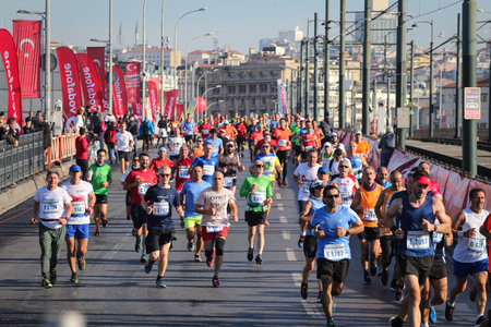 ISTANBUL, TURKEY - NOVEMBER 03, 2019: Athletes running in 41. Istanbul marathon which includes two continents in one race. Marathon starts on the Asian side and finishs in European side of Istanbul.のeditorial素材