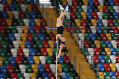 ISTANBUL, TURKEY - FEBRUARY 29, 2020: Undefined athlete pole vaulting during âRuhi Sarialp Jumping Events Indoor Cupのeditorial素材