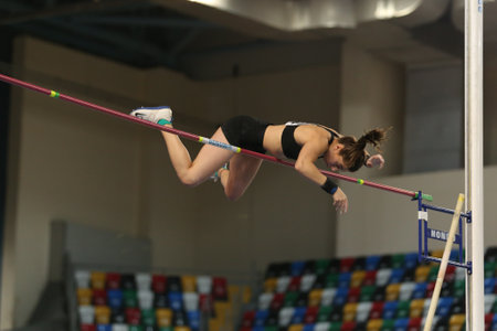 ISTANBUL, TURKEY - FEBRUARY 29, 2020: Undefined athlete pole vaulting during âRuhi Sarialp Jumping Events Indoor Cupのeditorial素材