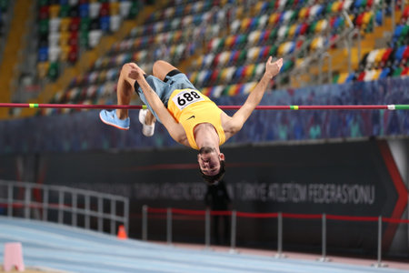 ISTANBUL, TURKEY - FEBRUARY 29, 2020: Undefined athlete high jumping during â€‹Ruhi Sarialp...