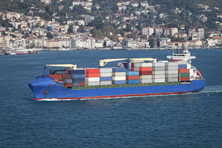 A container ship carrying goods between ports