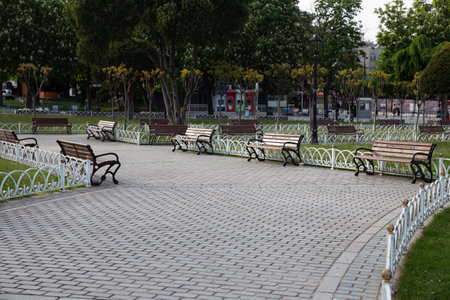 ISTANBUL, TURKEY - MAY 13, 2020: Empty benchs in Sultanahmet Square during Coronavirus Pandemicのeditorial素材