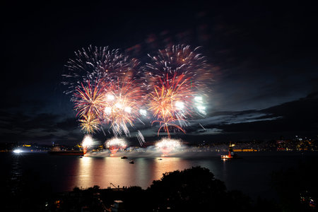 Fireworks over Bosphorus Strait, Istanbul City, Turkey