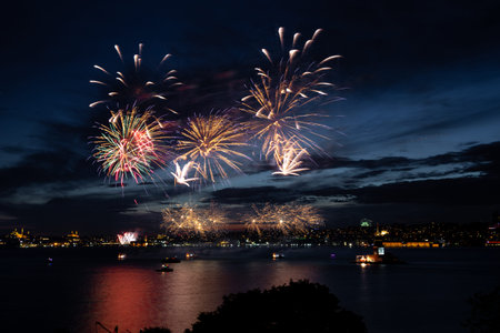 Fireworks over Bosphorus Strait, Istanbul City, Turkeyの写真素材