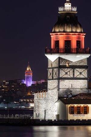 Maidens Tower and Galata Tower in Istanbul City, Turkeyの写真素材