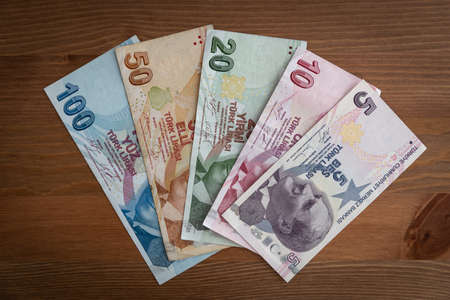 Bunch of Various Turkish Currency Lira Banknotesの写真素材