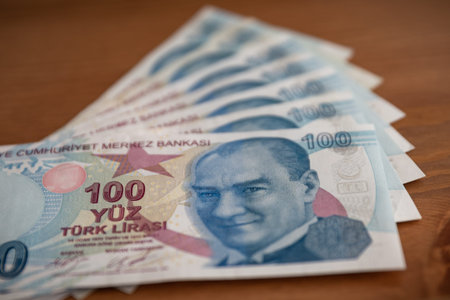 Bunch of Various Turkish Lira Banknotes and Ripple Coin