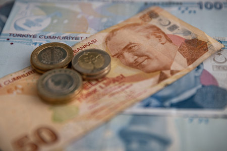 Bunch of Various Turkish Lira Banknotes and Ripple Coin