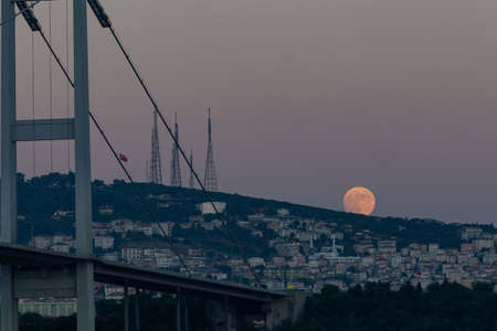 Moonrise over Camlica Hill in Istanbul City, Turkeyの写真素材