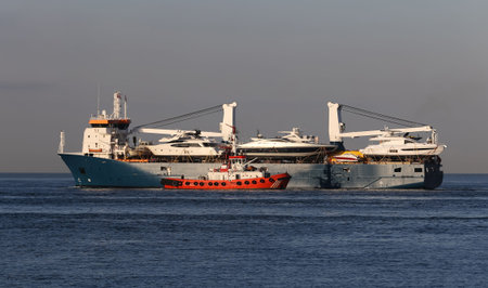 A cargo ship passing from Bosphorus Strait, Istanbul City, Turkeyの写真素材