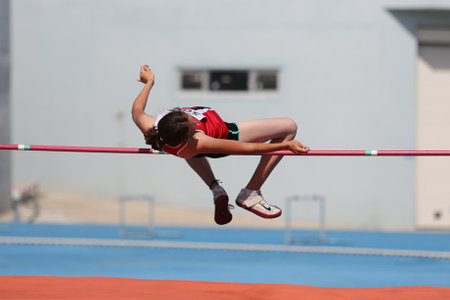 ISTANBUL, TURKEY - AUGUST 07, 2020: Undefined athlete high jumping during Turkish Athletic Federation Threshold Competitionsのeditorial素材