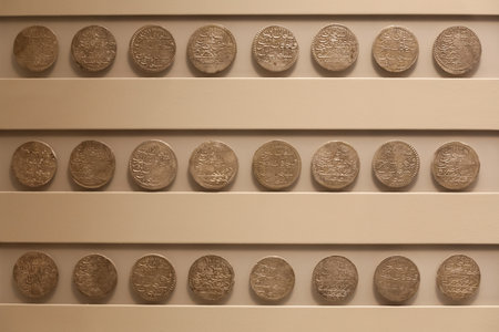 Silver Ottoman coins in Ephesus Museum, Selcuk Town, Izmir City, Turkeyのeditorial素材
